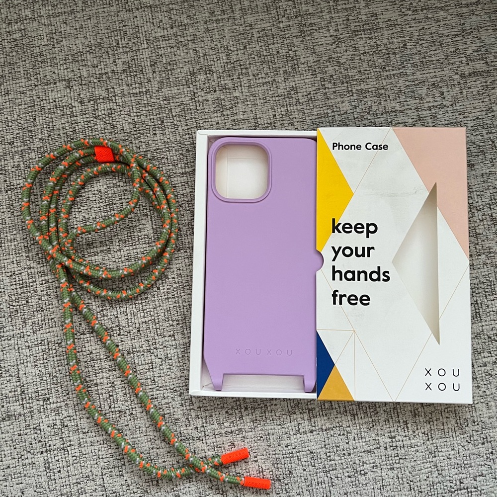 Lilac iPhone 13 Pro Max Case + Orange Camouflage Necklace from XOUXOU